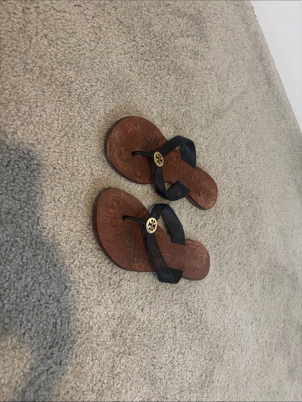 Tory Burch Black Strap Brown Footbed Kids Flip Flop Sandals with Logo